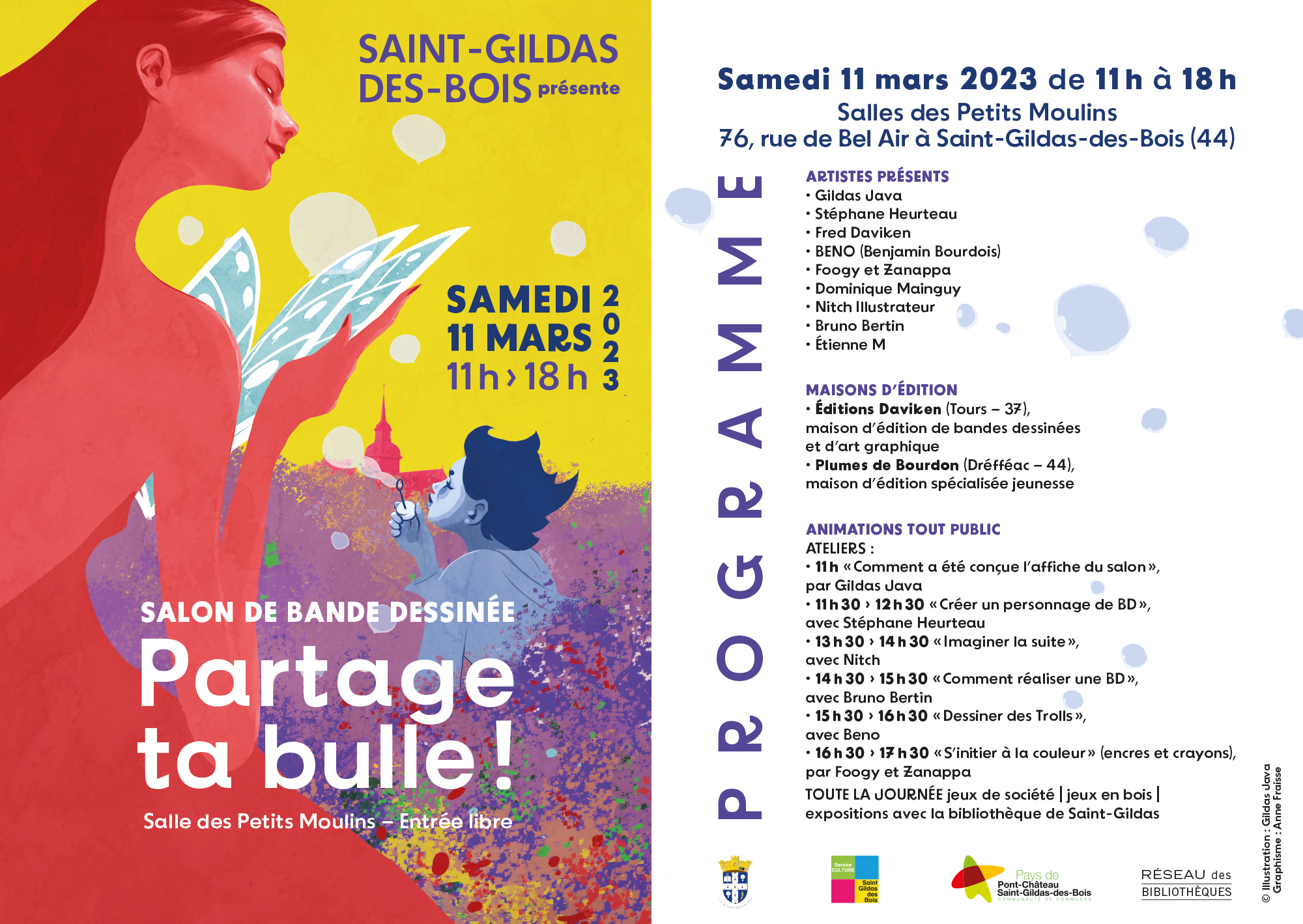 Salon BD "Partage ta bulle" St Gildas des bois réalisation Anne Fraisse et Gildas Java Visuel : dépliant programme
